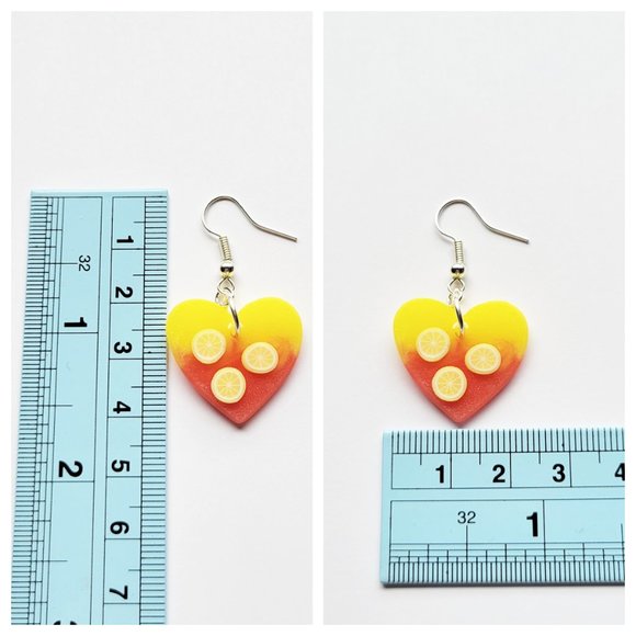Strawberry Lemonade Earrings Yellow and Pinkish Red Heart Lemon Dangle Earrings - Picture 8 of 10